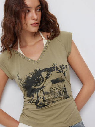 Cotton-blend Eye Graphic Halter V-neck Metal Detail Ruched Short Sleeve Tee