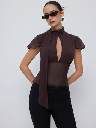 Chiffon Scarf Neck Short Sleeve Cut Out Pleated Blouse