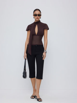 Chiffon Scarf Neck Short Sleeve Cut Out Pleated Blouse