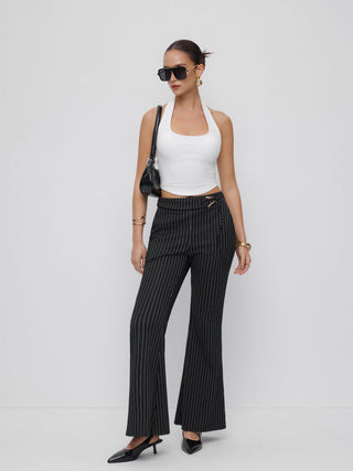 Mid Rise Striped Metal Detail Flared Trousers