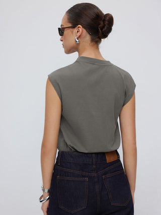 Cotton-blend Asymmetrical Neck Twist Knotted Bodysuit