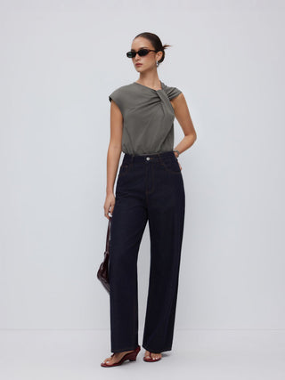 Cotton-blend Asymmetrical Neck Twist Knotted Bodysuit