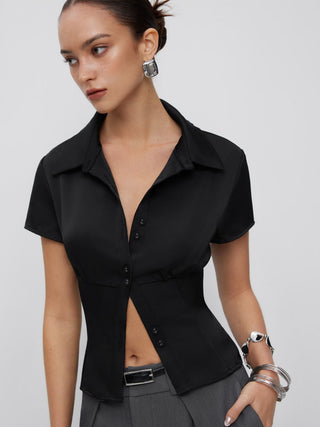 Satin Short Sleeve Ruched Corset Blouse