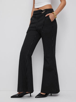 Mid Rise Striped Metal Detail Flared Trousers