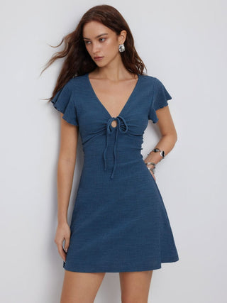 Textured V-neck Ruffle Sleeve Knotted Ruched A-line Mini Dress
