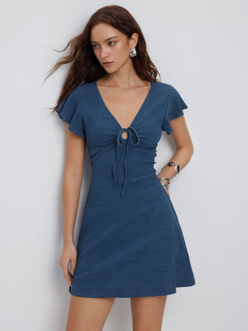 Textured V-neck Ruffle Sleeve Knotted Ruched A-line Mini Dress