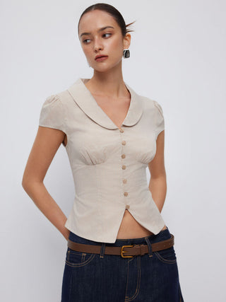 100% Cotton Notched Collar Puff Sleeve Ruched Button Through Blouse