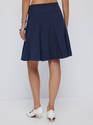 Mid Rise Striped Pleated Pocket Midi Skirt