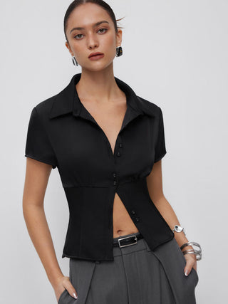 Satin Short Sleeve Ruched Corset Blouse