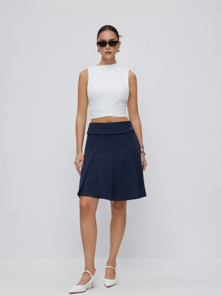Mid Rise Striped Pleated Pocket Midi Skirt