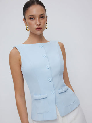 Boat Neck Button Front Flap Detail Blazer Vest