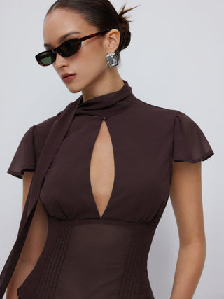 Chiffon Scarf Neck Short Sleeve Cut Out Pleated Blouse