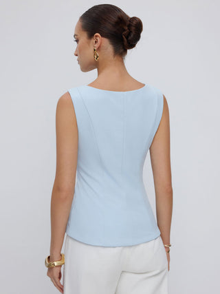 Boat Neck Button Front Flap Detail Blazer Vest