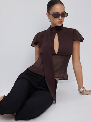 Chiffon Scarf Neck Short Sleeve Cut Out Pleated Blouse