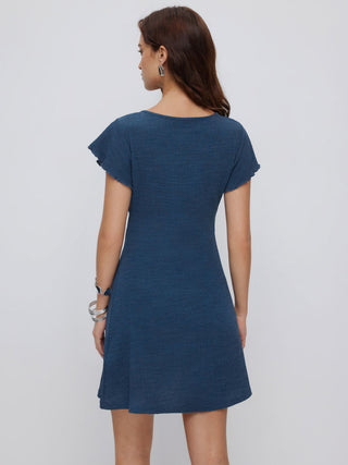 Textured V-neck Ruffle Sleeve Knotted Ruched A-line Mini Dress