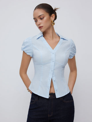Cotton-blend Puff Sleeve Slim Crop Blouse