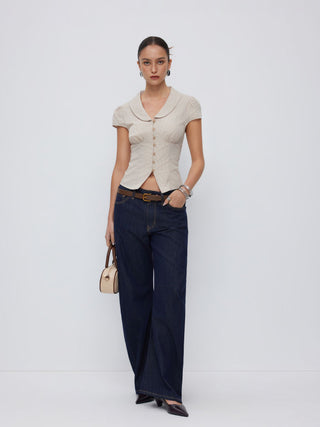 100% Cotton Notched Collar Puff Sleeve Ruched Button Through Blouse