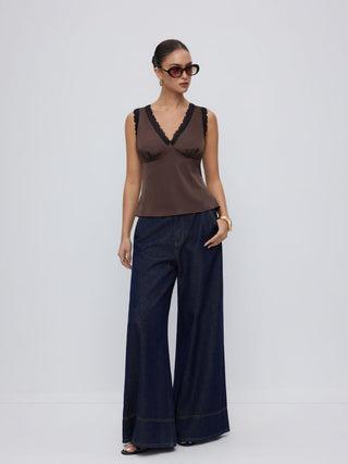 Satin V-neck Lace Trim Ruched Tank Top