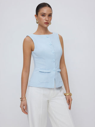 Boat Neck Button Front Flap Detail Blazer Vest