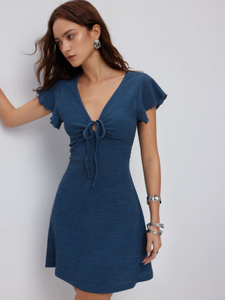 Textured V-neck Ruffle Sleeve Knotted Ruched A-line Mini Dress