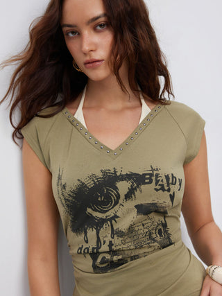 Cotton-blend Eye Graphic Halter V-neck Metal Detail Ruched Short Sleeve Tee