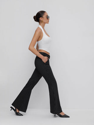 Mid Rise Striped Metal Detail Flared Trousers