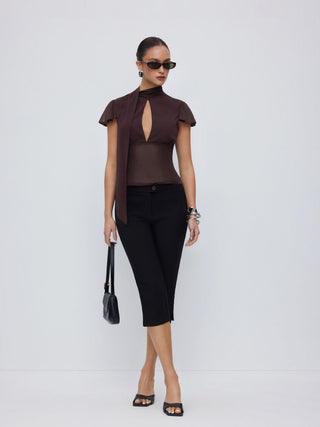 Chiffon Scarf Neck Short Sleeve Cut Out Pleated Blouse