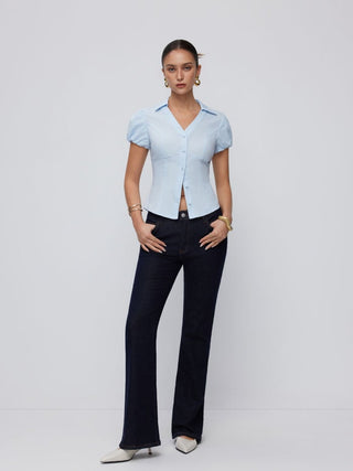 Cotton-blend Puff Sleeve Slim Crop Blouse