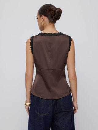 Satin V-neck Lace Trim Ruched Tank Top