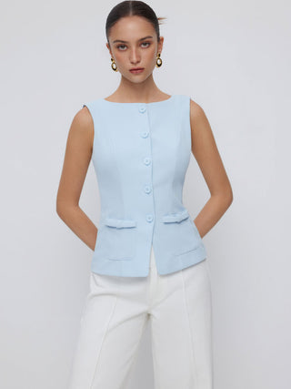 Boat Neck Button Front Flap Detail Blazer Vest