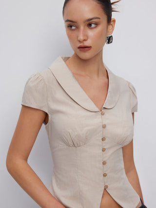 100% Cotton Notched Collar Puff Sleeve Ruched Button Through Blouse