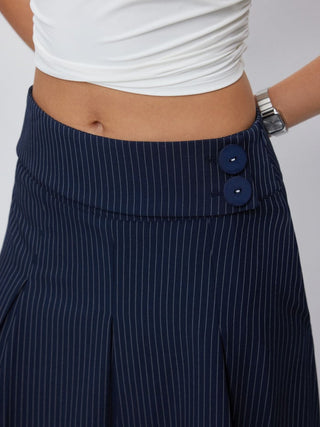 Mid Rise Striped Pleated Pocket Midi Skirt