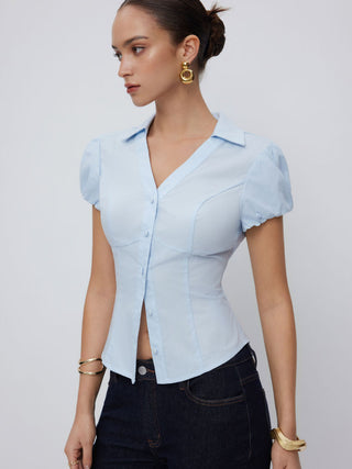 Cotton-blend Puff Sleeve Slim Crop Blouse