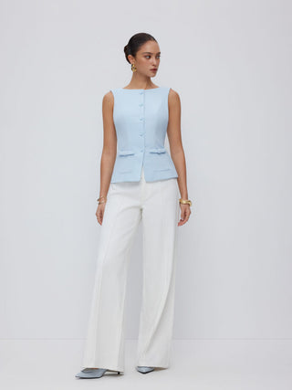 Boat Neck Button Front Flap Detail Blazer Vest