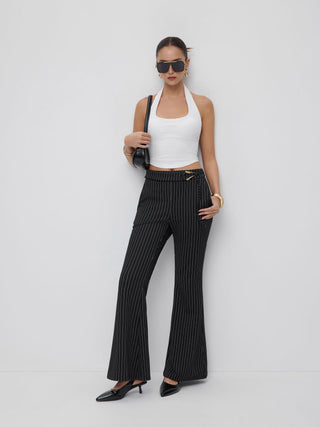 Mid Rise Striped Metal Detail Flared Trousers