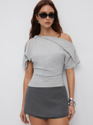 Cotton-blend Asymmetrical Neck Draped Button Short Sleeve Top