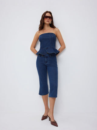 Stretch Denim Strapless Peplum Hem Bandeau Top