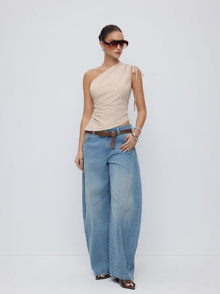 Cotton Gingham Asymmetrical Neck Drawstring Ruched Cami Blouse