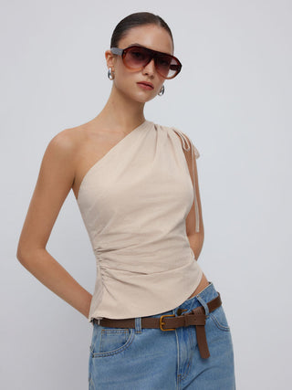 Cotton Gingham Asymmetrical Neck Drawstring Ruched Cami Blouse