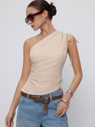 Cotton Gingham Asymmetrical Neck Drawstring Ruched Cami Blouse