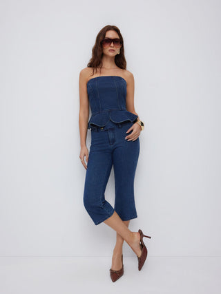 Stretch Denim Strapless Peplum Hem Bandeau Top