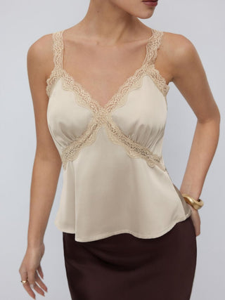 Satin V-neck Lace Trim Tank Blouse