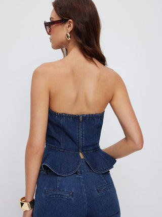 Stretch Denim Strapless Peplum Hem Bandeau Top