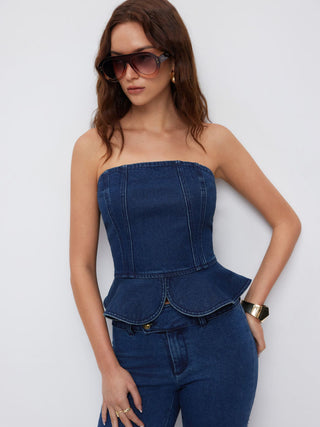 Stretch Denim Strapless Peplum Hem Bandeau Top