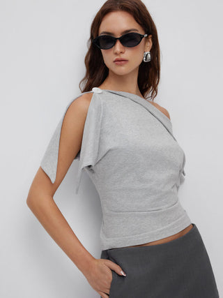 Cotton-blend Asymmetrical Neck Draped Button Short Sleeve Top