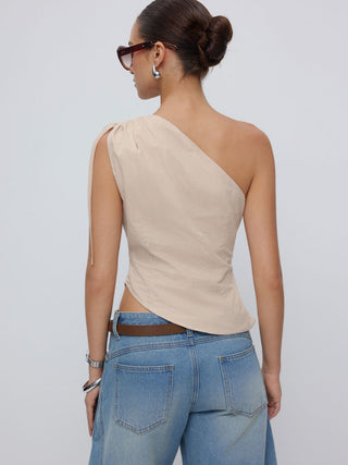 Cotton Gingham Asymmetrical Neck Drawstring Ruched Cami Blouse