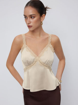 Satin V-neck Lace Trim Tank Blouse