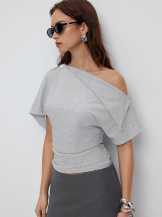 Cotton-blend Asymmetrical Neck Draped Button Short Sleeve Top