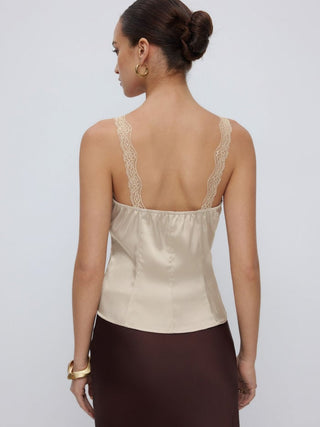Satin V-neck Lace Trim Tank Blouse