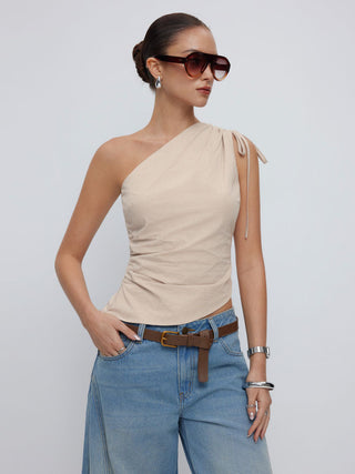 Cotton Gingham Asymmetrical Neck Drawstring Ruched Cami Blouse